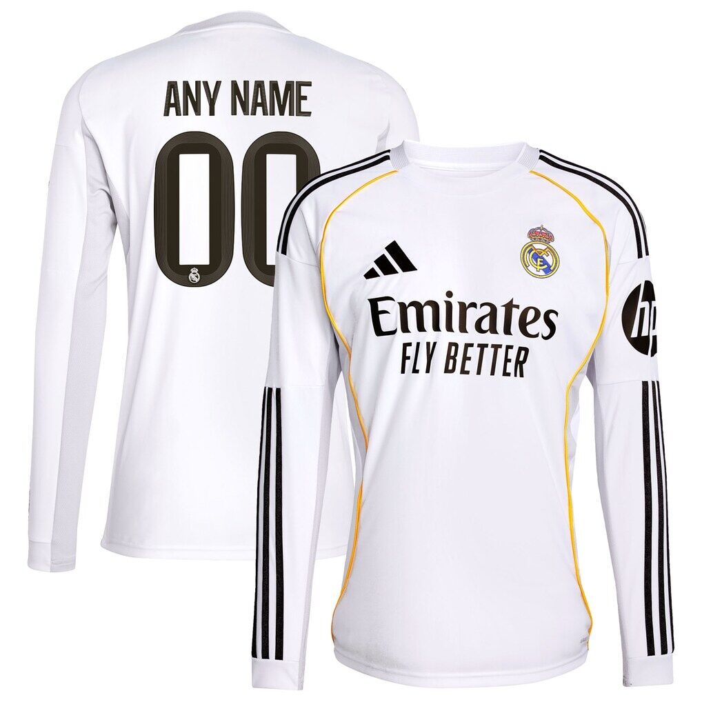Real Madrid adidas 2025/26 Home Replica Long Sleeve Custom Jersey