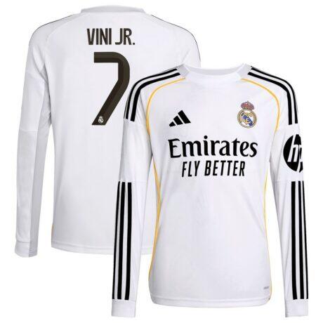 Vini Jr. Real Madrid adidas Youth 2025/26 Home Replica Long Sleeve Jersey - White - Front View
