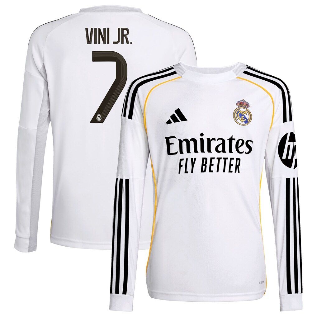 Vini Jr. Real Madrid adidas Youth 2025/26 Home Replica Long Sleeve Jersey
