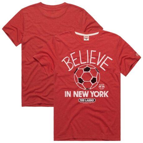 New York Red Bulls Homage Unisex MLS x Ted Lasso Believe Graphic Tri-Blend T-Shirt - Red - Front View