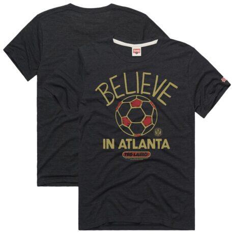 Atlanta United FC Homage Unisex MLS x Ted Lasso Believe Graphic Tri-Blend T-Shirt - Charcoal - Front View