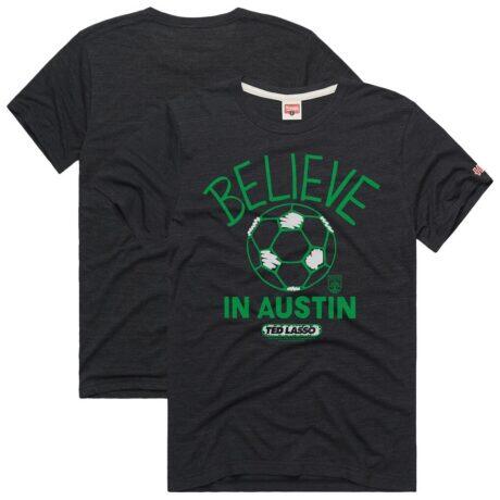 Austin FC Homage Unisex MLS x Ted Lasso Believe Graphic Tri-Blend T-Shirt - Charcoal - Front View