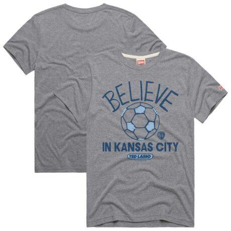 Sporting Kansas City Homage Unisex MLS x Ted Lasso Believe Graphic Tri-Blend T-Shirt - Gray - Front View