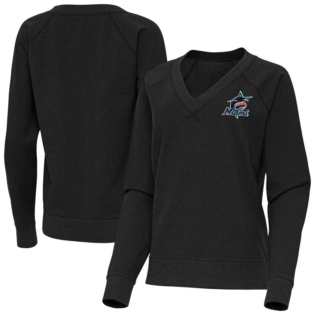 Miami Marlins Antigua Women's Varsity Tri-Blend V-Neck Long Sleeve T-Shirt - Heather Black