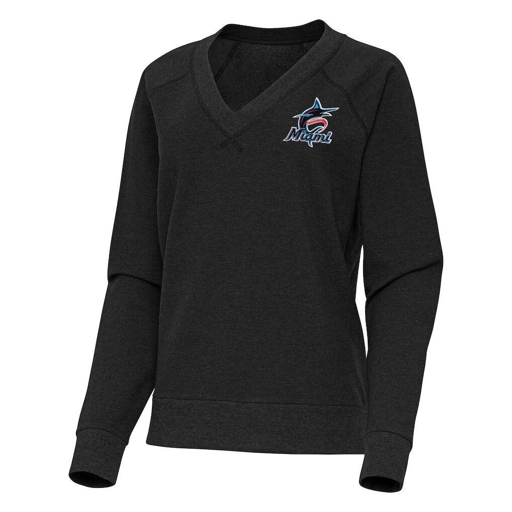 Miami Marlins Antigua Women's Varsity Tri-Blend V-Neck Long Sleeve T-Shirt - Heather Black