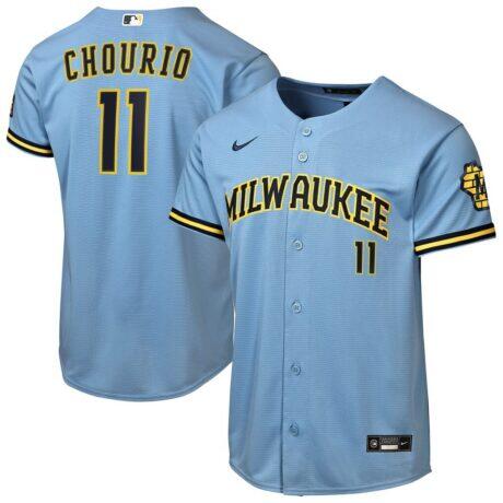 Jackson Chourio Milwaukee Brewers Nike Youth Road Stadium Jersey - Powder Blue - Front View