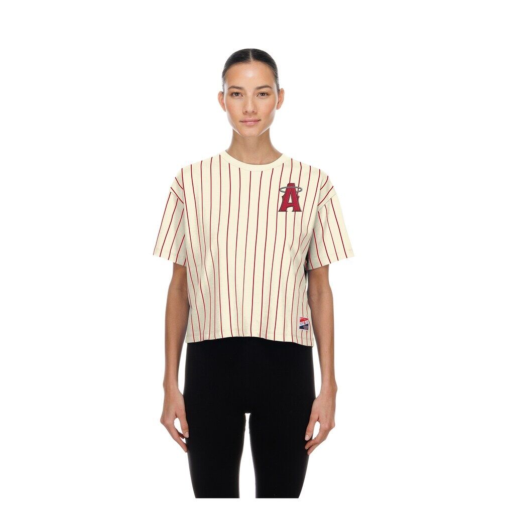 Los Angeles Angels New Era Women’s City Connect Throwback Meshback Pinstripe Boxy T-Shirt