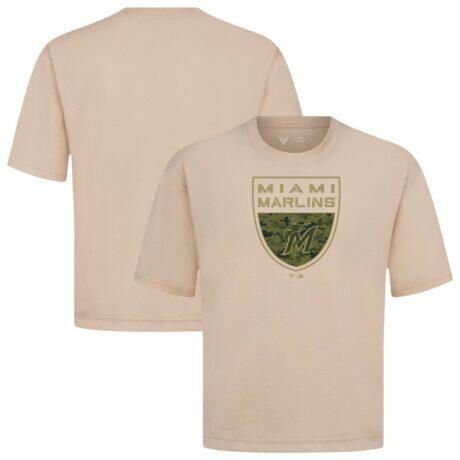 Miami Marlins Levelwear Oversized Luxe Signature Knit Buckler T-Shirt - Khaki - Front View