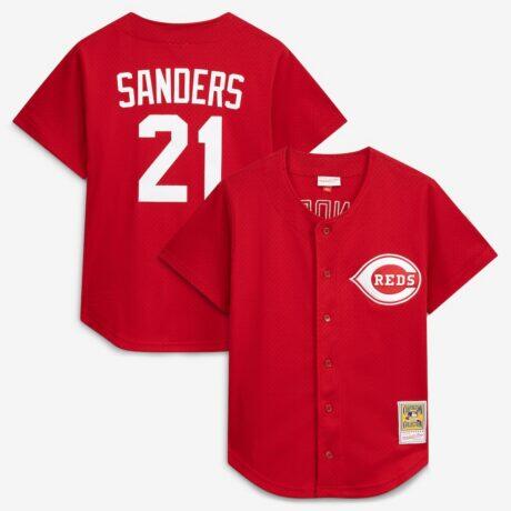 Deion Sanders Cincinnati Reds Mitchell & Ness Cooperstown Mesh Batting Practice Button-Up Jersey - Red - Front View