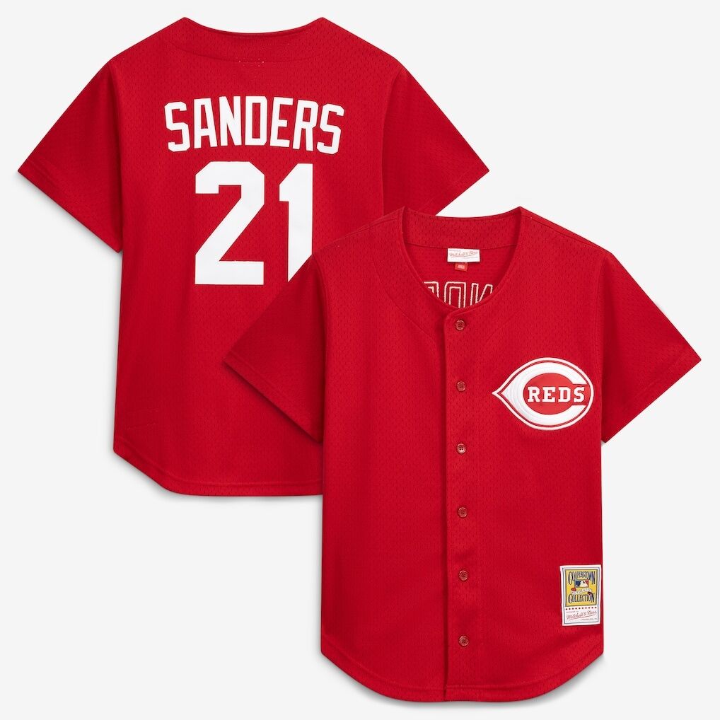 Deion Sanders Cincinnati Reds Mitchell & Ness Cooperstown Mesh Batting Practice Button-Up Jersey