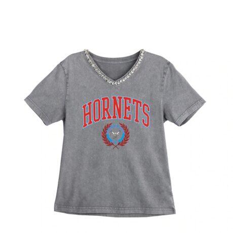 Delaware State Hornets Gameday Couture Women's Iconic Edge Rhinestone V-Neck T-Shirt - Gray - Front View
