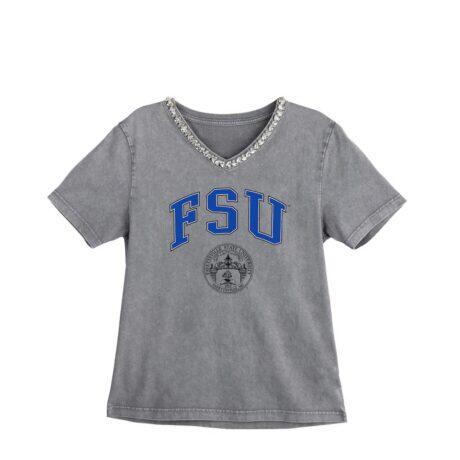 Fayetteville State Broncos Gameday Couture Women's Iconic Edge Rhinestone V-Neck T-Shirt - Gray - Front View
