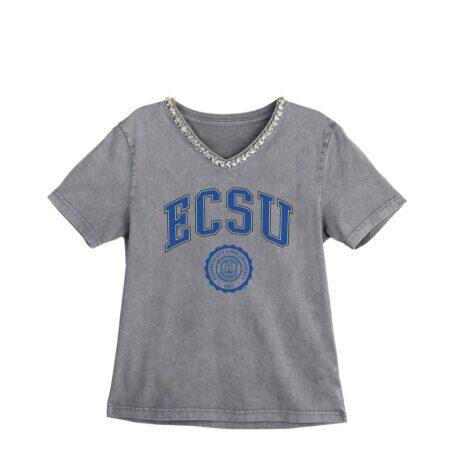 Elizabeth City State University Vikings Gameday Couture Women's Iconic Edge Rhinestone V-Neck T-Shirt - Gray - Front View