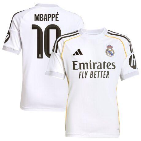 Kylian Mbappé Real Madrid adidas Youth 2025/26 Home Replica Player Jersey - White - Front View