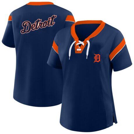 Detroit Tigers Profile Women's Plus Size Lace-Up T-Shirt - Navy - Front View