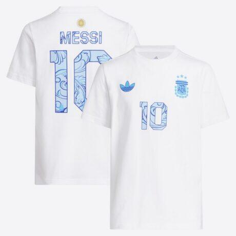 Lionel Messi Argentina National Team adidas Youth 2026 Away Jersey Hook Name & Number T-Shirt - White - Front View