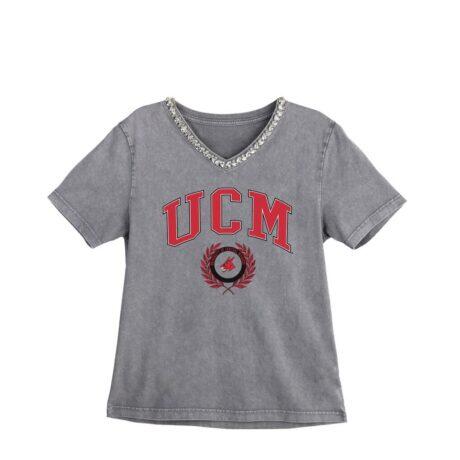 Central Missouri Mules Gameday Couture Women's Iconic Edge Rhinestone V-Neck T-Shirt - Gray - Front View
