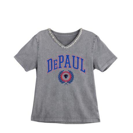 DePaul Blue Demons Gameday Couture Women's Iconic Edge Rhinestone V-Neck T-Shirt - Gray - Front View