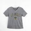 LA Galaxy Gameday Couture Women's Relaxed Iconic Edge Rhinestone V-Neck T-Shirt - Gray - Front View