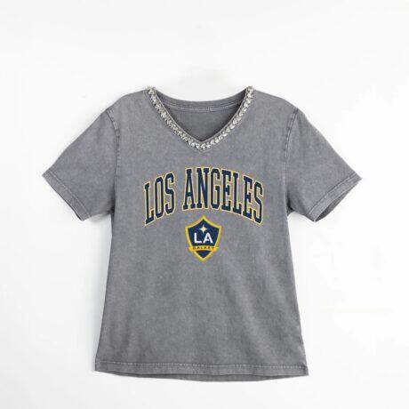 LA Galaxy Gameday Couture Women's Relaxed Iconic Edge Rhinestone V-Neck T-Shirt - Gray - Front View