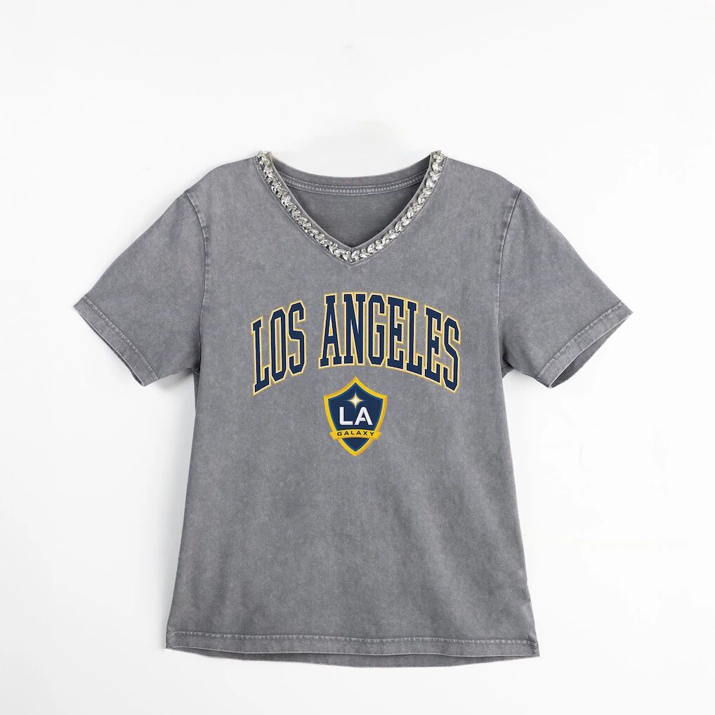 LA Galaxy Gameday Couture Women's Relaxed Iconic Edge Rhinestone V-Neck T-Shirt