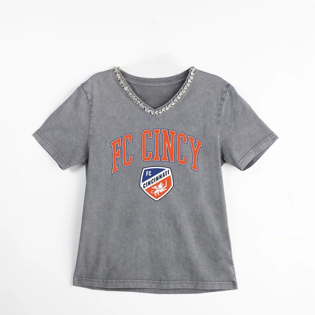 FC Cincinnati Gameday Couture Women's Relaxed Iconic Edge Rhinestone V-Neck T-Shirt