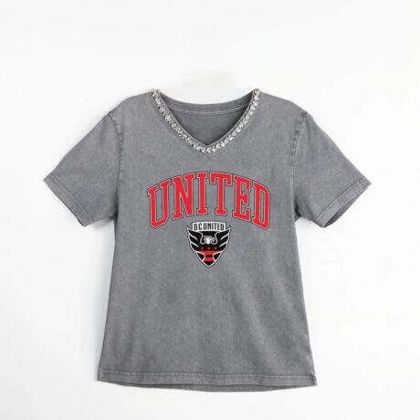 D.C. United Gameday Couture Women's Relaxed Iconic Edge Rhinestone V-Neck T-Shirt - Gray - Front View
