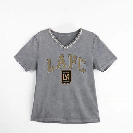 LAFC Gameday Couture Women's Relaxed Iconic Edge Rhinestone V-Neck T-Shirt - Gray - Front View