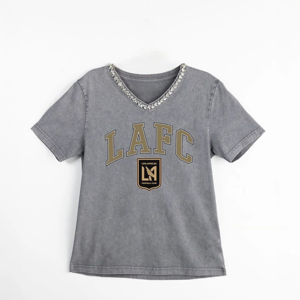 LAFC Gameday Couture Women's Relaxed Iconic Edge Rhinestone V-Neck T-Shirt