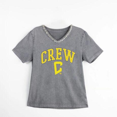 Columbus Crew Gameday Couture Women's Relaxed Iconic Edge Rhinestone V-Neck T-Shirt - Gray - Front View