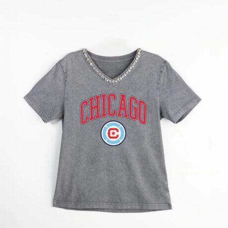 Chicago Fire Gameday Couture Women's Relaxed Iconic Edge Rhinestone V-Neck T-Shirt - Gray - Front View