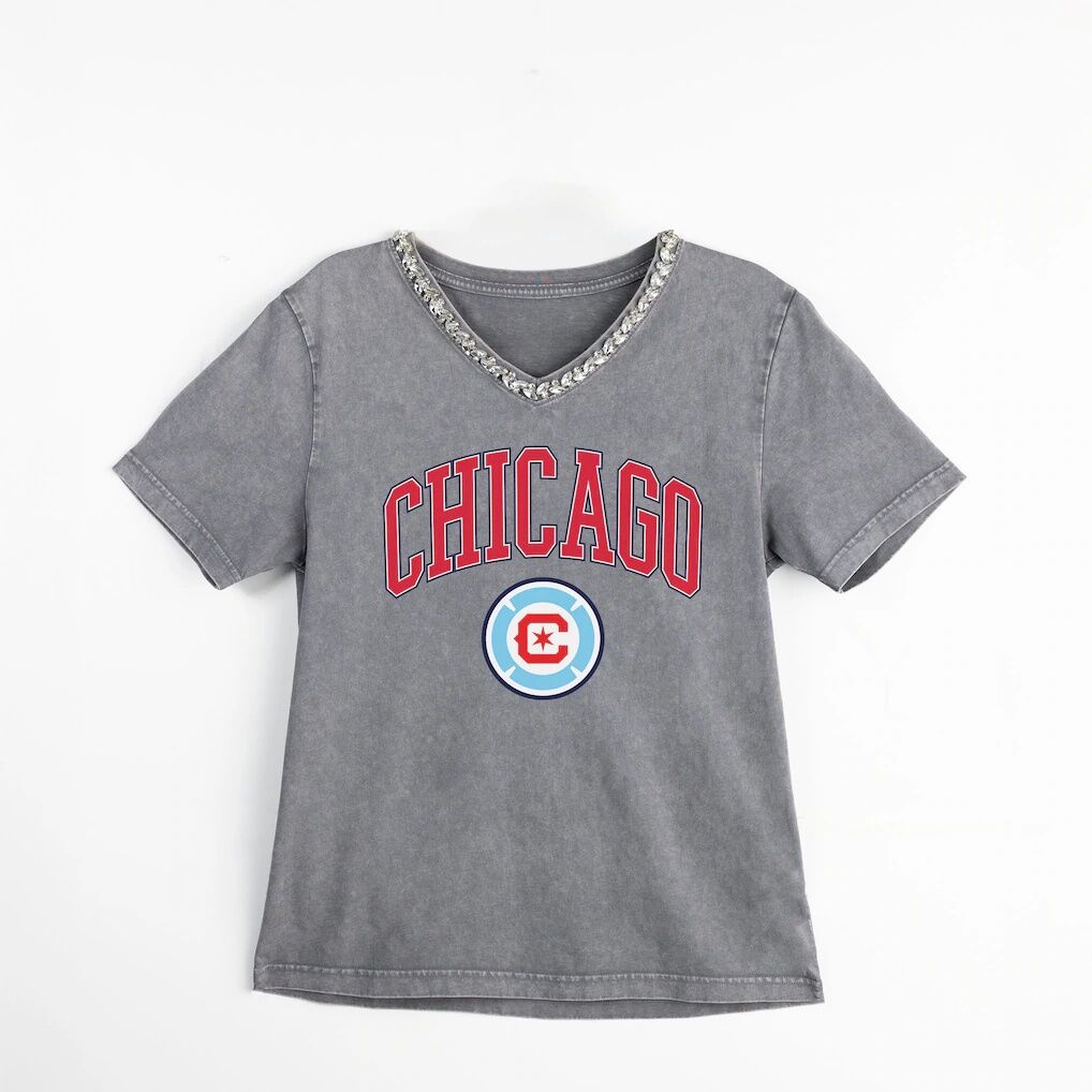 Chicago Fire Gameday Couture Women's Relaxed Iconic Edge Rhinestone V-Neck T-Shirt