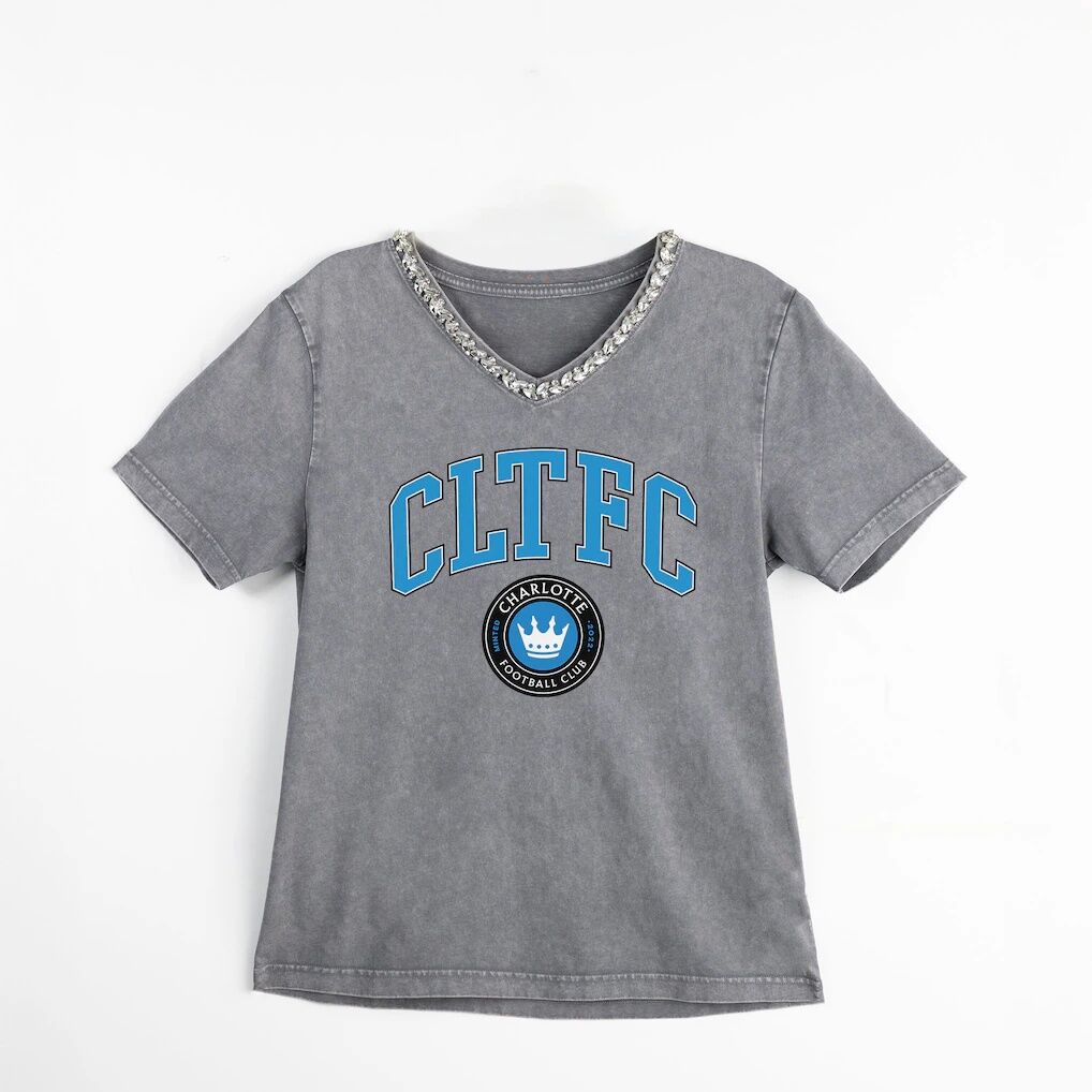 Charlotte FC Gameday Couture Women's Relaxed Iconic Edge Rhinestone V-Neck T-Shirt