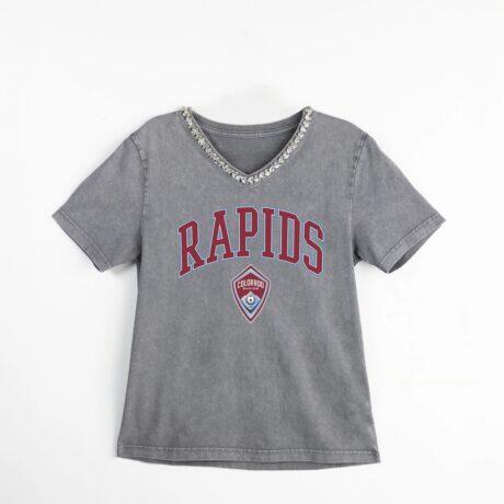 Colorado Rapids Gameday Couture Women's Relaxed Iconic Edge Rhinestone V-Neck T-Shirt - Gray - Front View