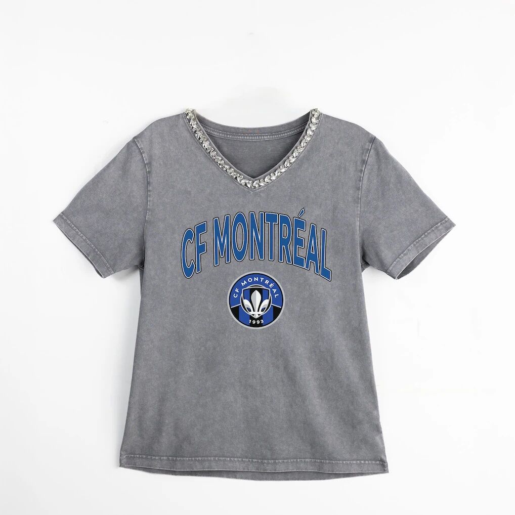 CF Montreal Gameday Couture Women's Relaxed Iconic Edge Rhinestone V-Neck T-Shirt