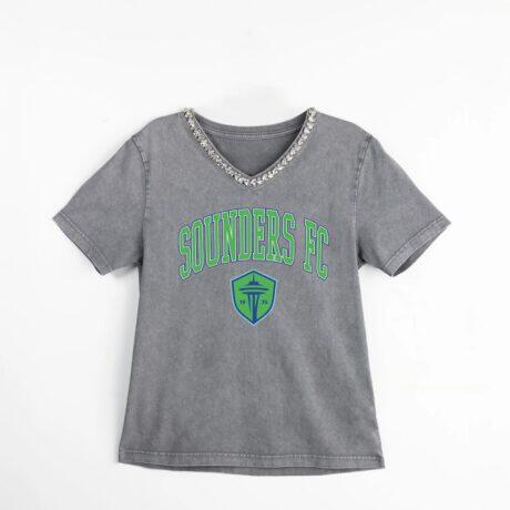 Seattle Sounders FC Gameday Couture Women's Relaxed Iconic Edge Rhinestone V-Neck T-Shirt - Gray - Front View