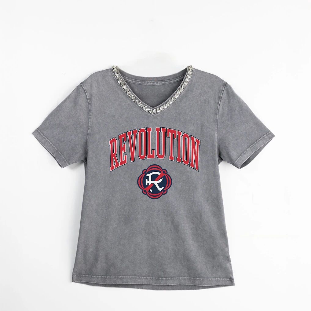 New England Revolution Gameday Couture Women's Relaxed Iconic Edge Rhinestone V-Neck T-Shirt