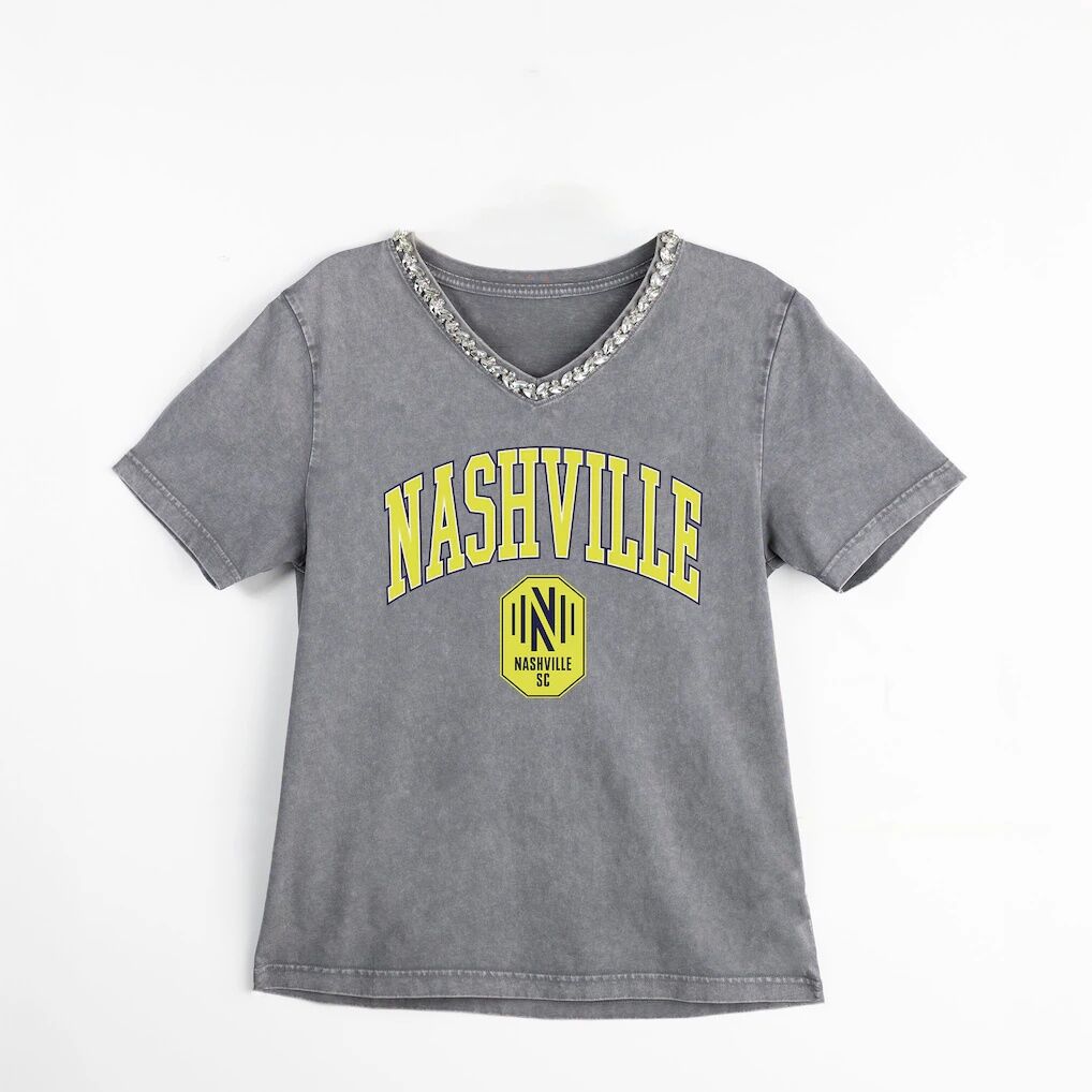 Nashville SC Gameday Couture Women's Relaxed Iconic Edge Rhinestone V-Neck T-Shirt