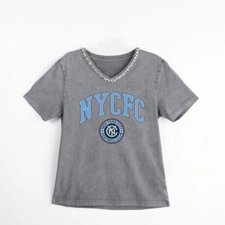 New York City FC Gameday Couture Women's Relaxed Iconic Edge Rhinestone V-Neck T-Shirt - Gray - Front View