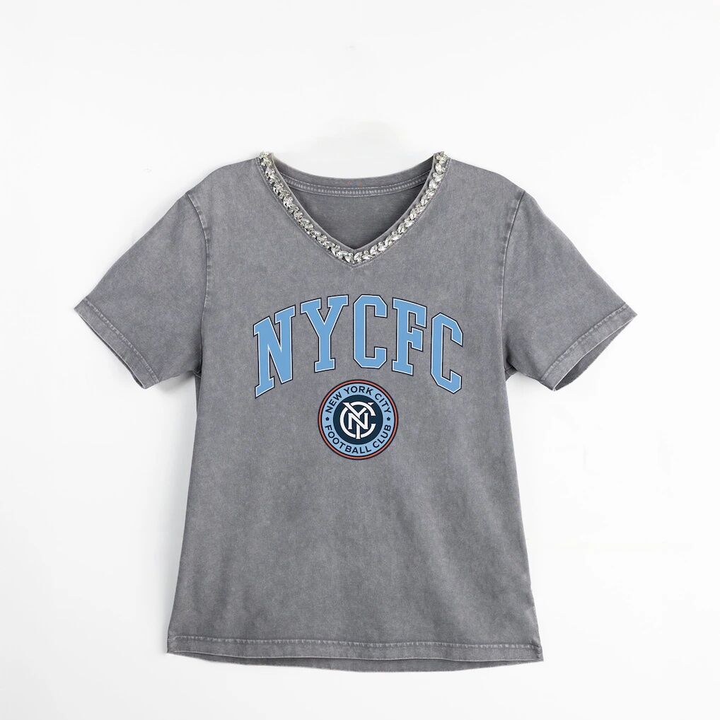 New York City FC Gameday Couture Women's Relaxed Iconic Edge Rhinestone V-Neck T-Shirt