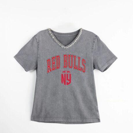 New York Red Bulls Gameday Couture Women's Relaxed Iconic Edge Rhinestone V-Neck T-Shirt - Gray - Front View