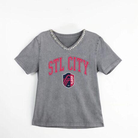 St. Louis CITY SC Gameday Couture Women's Relaxed Iconic Edge Rhinestone V-Neck T-Shirt - Gray - Front View