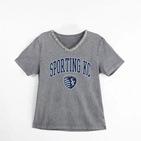 Sporting Kansas City Gameday Couture Women's Relaxed Iconic Edge Rhinestone V-Neck T-Shirt - Gray - Front View