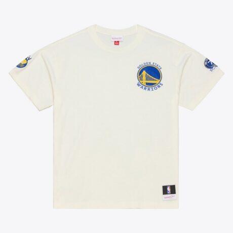Golden State Warriors Mitchell & Ness Hardwood Classics Chainstitch Premium T-Shirt - Cream - Front View