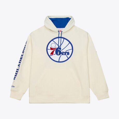 Philadelphia 76ers Mitchell & Ness Hardwood Classics Chainstitch Premium Fleece Hoodie - Cream - Front View