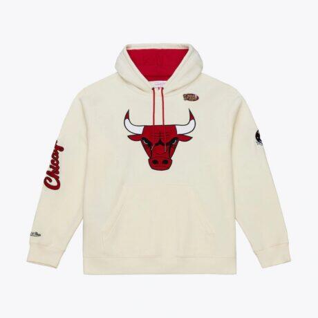 Chicago Bulls Mitchell & Ness Hardwood Classics Chainstitch Premium Fleece Hoodie - Cream - Front View