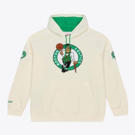 Boston Celtics Mitchell & Ness Hardwood Classics Chainstitch Premium Fleece Hoodie - Cream - Front View