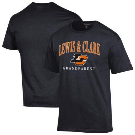 Lewis & Clark College Pioneers Champion Unisex Arch Grandparent Jersey T-Shirt - Black - Front View