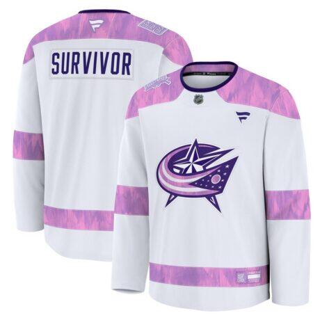 Columbus Blue Jackets Fashion7 Hockey Fights Cancer Survivor Practice Jersey - White - Front View