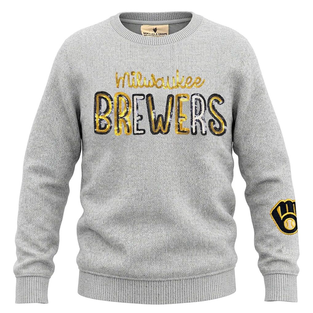 Milwaukee Brewers Soft as a Grape Girls Youth Nantucket Sequin Fleece Crewneck Sweatshirt - Heather Gray